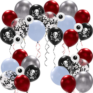 Halloween balloon set with red, silver, black, and light blue balloons plus skull designs