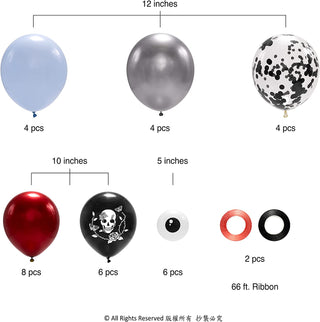 Sizing chart for Halloween balloons: 4 pcs each in 10 in and 12 in, plus 6 pcs 5 in