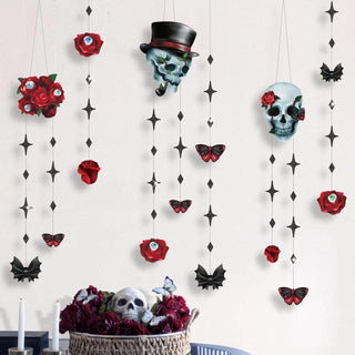 Halloween rose skull garland: blue skulls, red roses, bats, butterflies on hanging strings