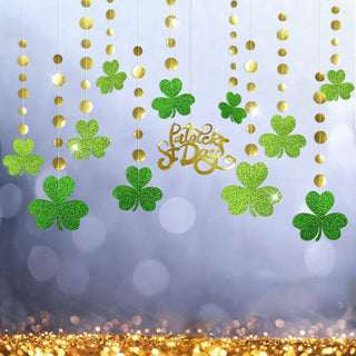 Glitter green shamrock clover garland with gold hanging bead strands
