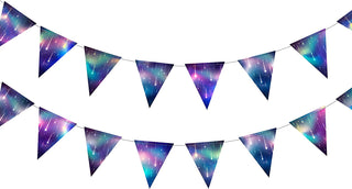 Galaxy starry triangle bunting banner with purple, teal, and blue printed flags.