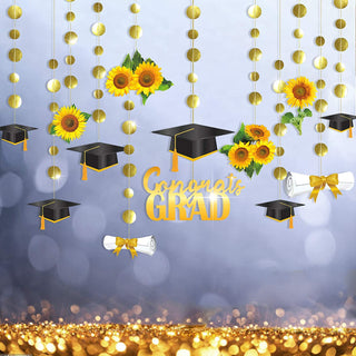 Graduation banner set: sunflower accents, black caps, gold-and-white tassel garlands