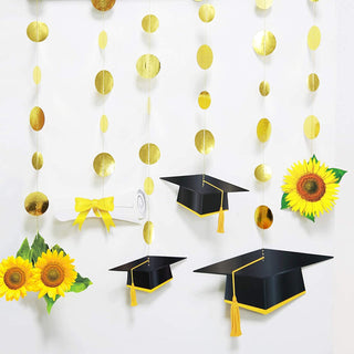 Sunflower and black graduation cap banner garlands with gold-and-white hanging discs