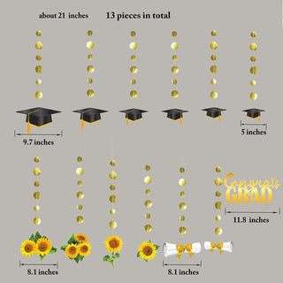 Graduation garland set layout with gold tassels, black caps, sunflowers, and banner sizes