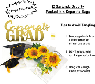 Graduation banner set with Congrats Grad title, black caps, and sunflower garland pieces
