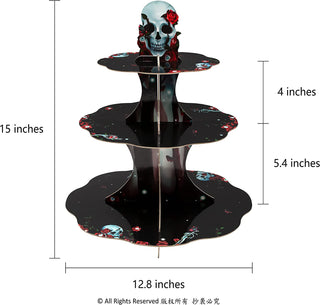 3-tier skull cupcake stand dimensions: 12.8 in wide, 15 in tall, 5.4 in deep