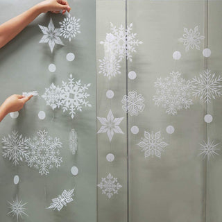 Window hanging snowflake garland panels with white snowflakes and round dot links